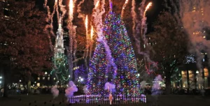 Holiday tree lighting ceremony at Boston Common with festive lights and crowd