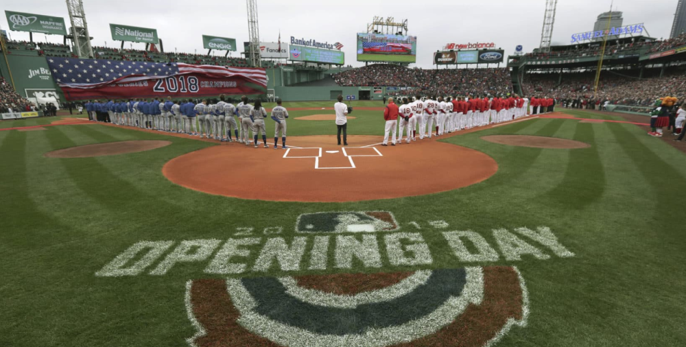 Fans cheering at Boston Red Sox Opening Day at Fenway Park