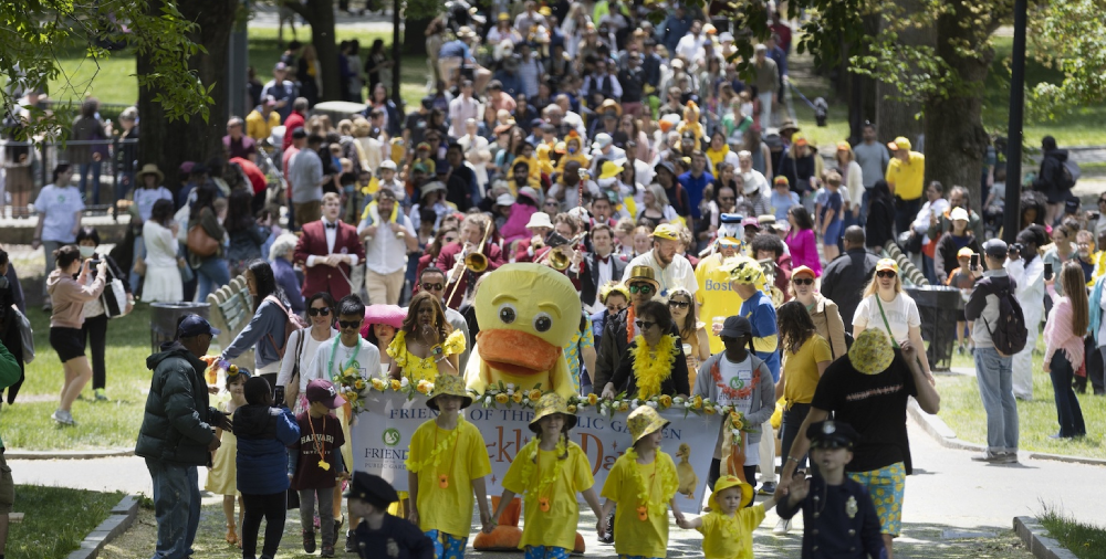 Children dressed as ducklings at Duckling Day parade in Boston Common