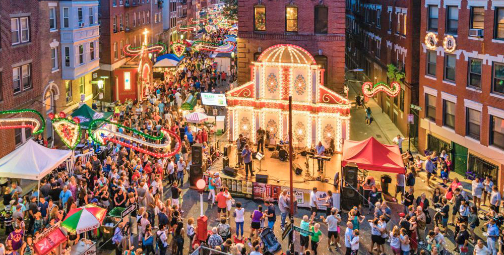 Crowds and food stands at St. Anthony’s Feast in Boston North End