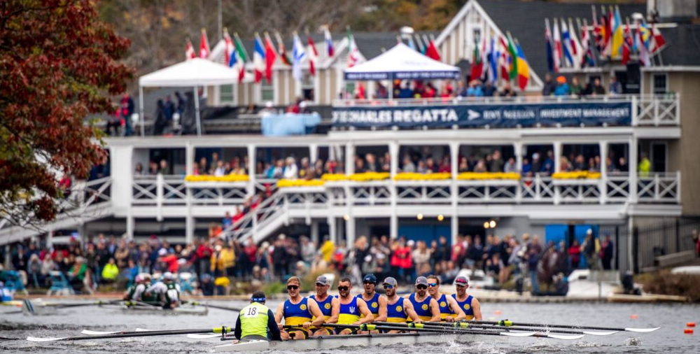 Rowing teams competing on Charles River during Head of the Charles Regatta